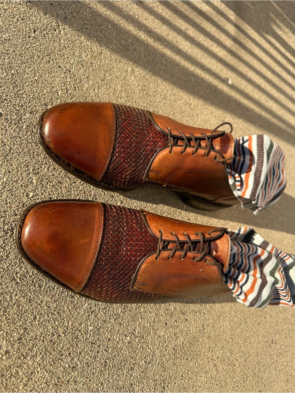 Allen Edmonds Two-Tone Woven Leather Cap-Toe Derby in Tan and Dark Brown